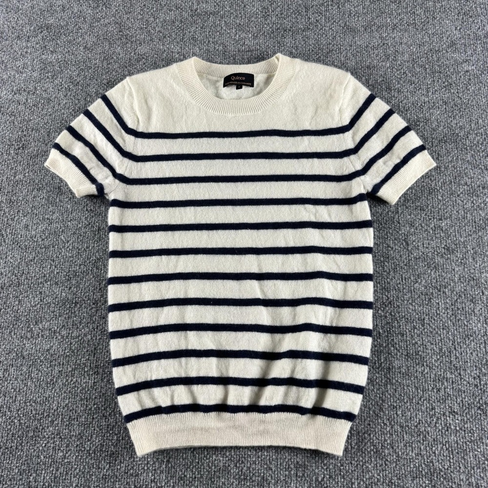 Quince Sweater Womens S White 100% Cashmere Short Sleeve Striped Crew Neck